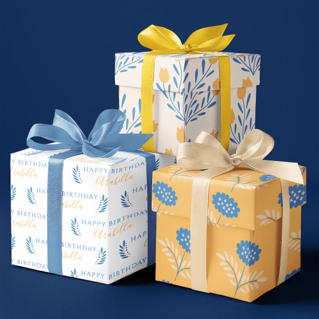 Feuilles de papier cadeau florales bleues et orang (Celebrate a special birthday with this beautiful floral personalized wrapping paper set! )