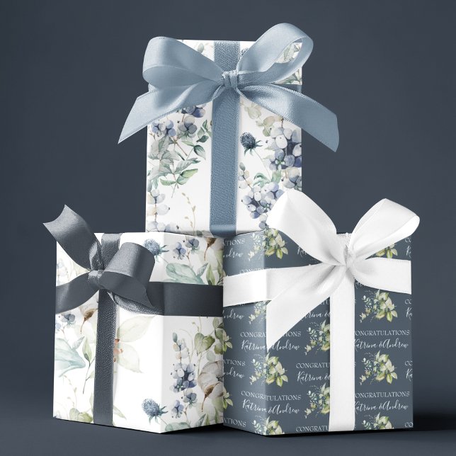 Feuilles de papier d'emballage floral aquarelle bl (Congratulate a special couple with these personalized wrapping paper sheets! )