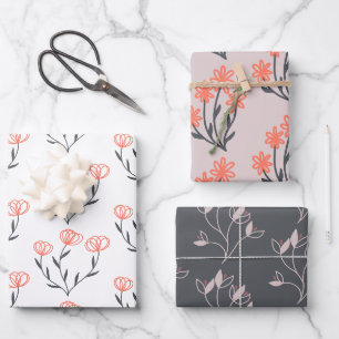 Feuilles de papier d'emballage floral orange et gr