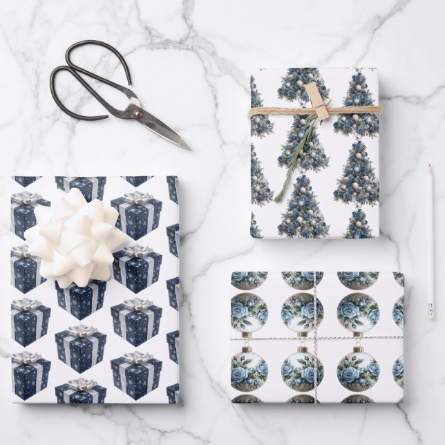 Feuilles de papier d'enveloppement de Noël bleu et (Recto)