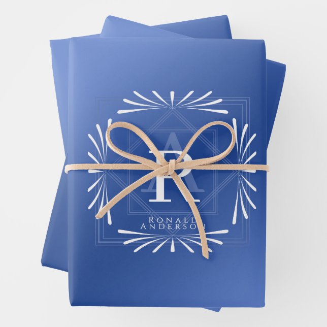 Feuilles de papier d'enveloppement Monogramme bleu (En situation)