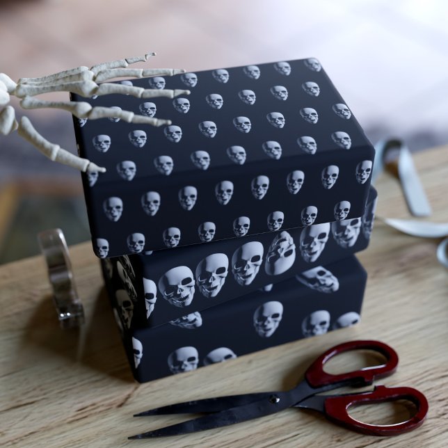 Feuilles de papier éffrayant Motif de crâne noir (A trio of skull pattern wrapping paper sheets suitable for all birthdays on Halloween)