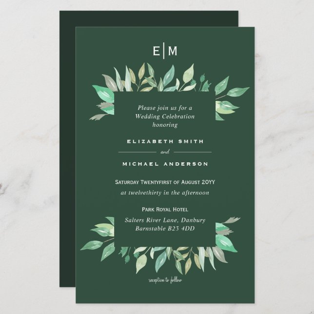 Feuilles de verdure Invitations de mariage budgéta (Devant / Derrière)