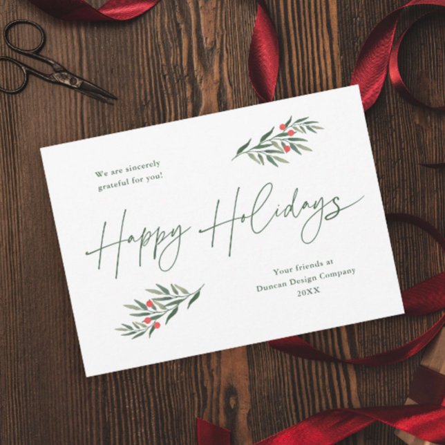 Feuilles de verdure simple Cartes de fin de année  (A simple script greenery leaves green and red business holiday magnetic card.)