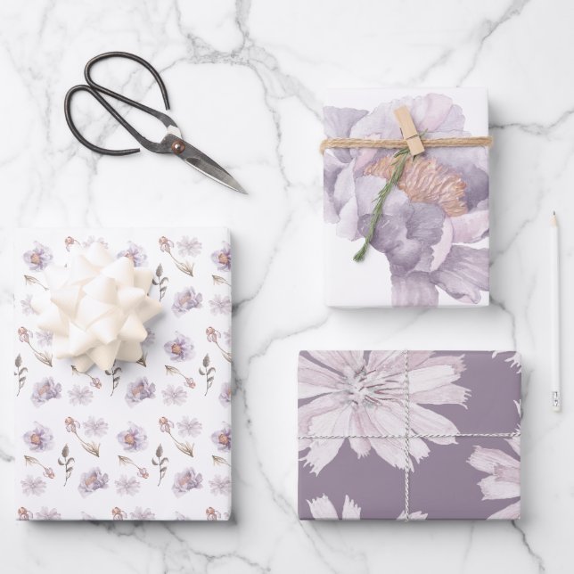 Feuilles d'emballage floral violet aquarelle (Recto)