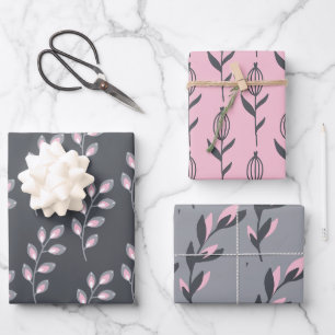 Feuilles d'emballage florales grises et roses