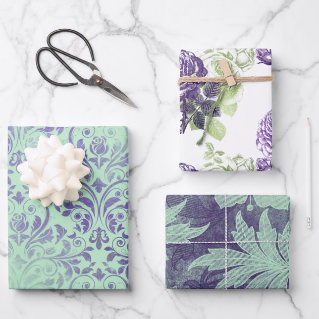 Feuilles d'emballage florales violettes et vertes  (Recto)