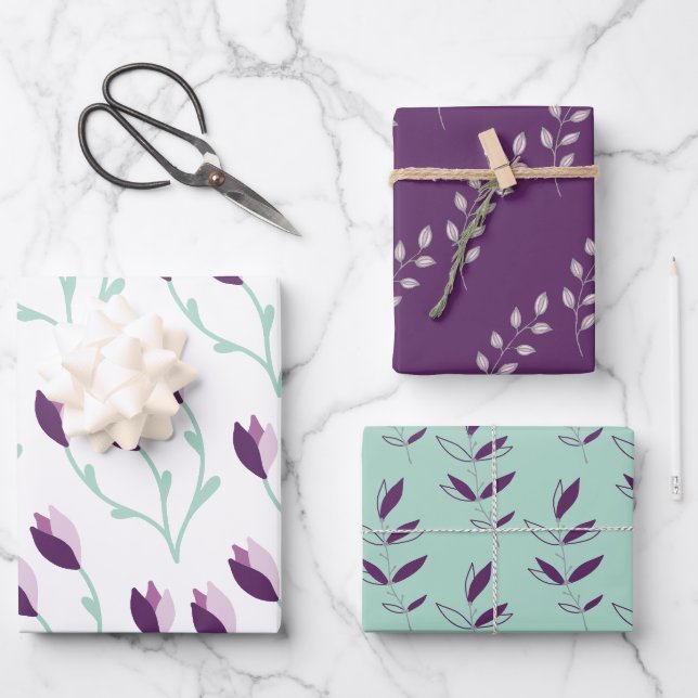 Feuilles d'emballage florales violettes et vertes (Recto)