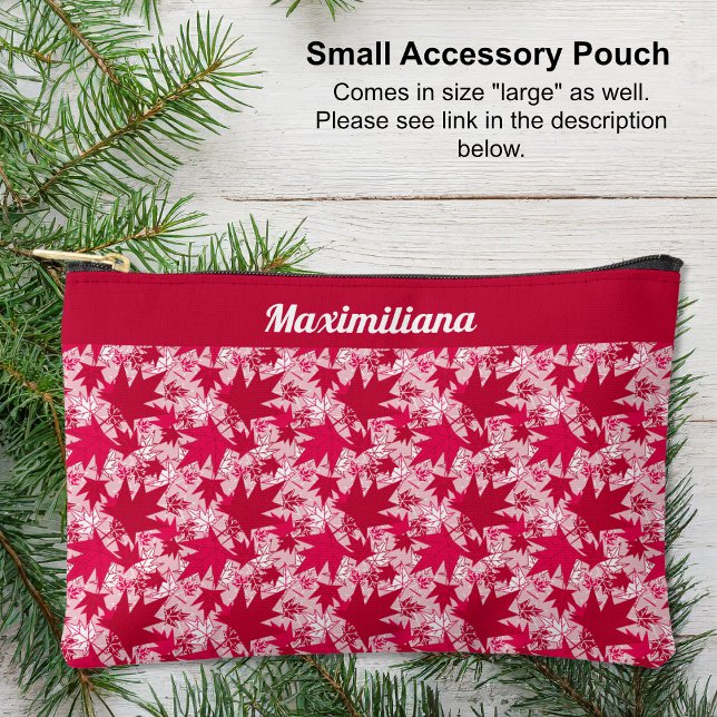 Feuilles d'érable en rose - PETITE pochette d'acce (Red and white Maple Leaves on Pink - SMALL Accessory Pouch by The Canadian Outpost shop)