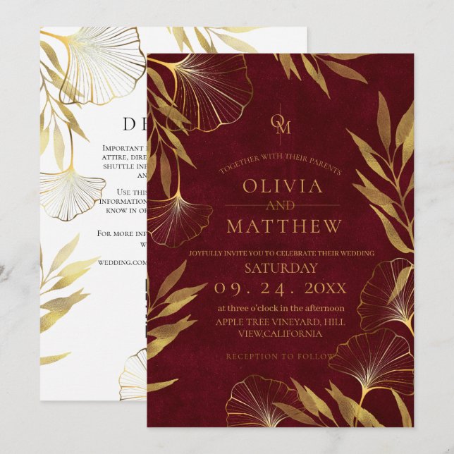 Feuilles d'or / Faire-part de mariage de Bourgogne (Devant / Derrière)