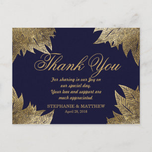 Feuilles d'or sur cartes postales en Merci bleu ma
