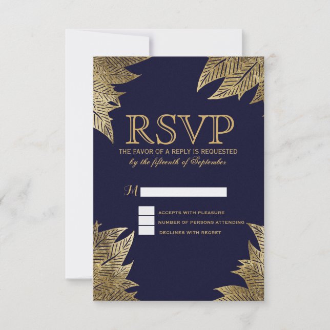 Feuilles d'or sur les cartes RSVP bleu marine (Devant)