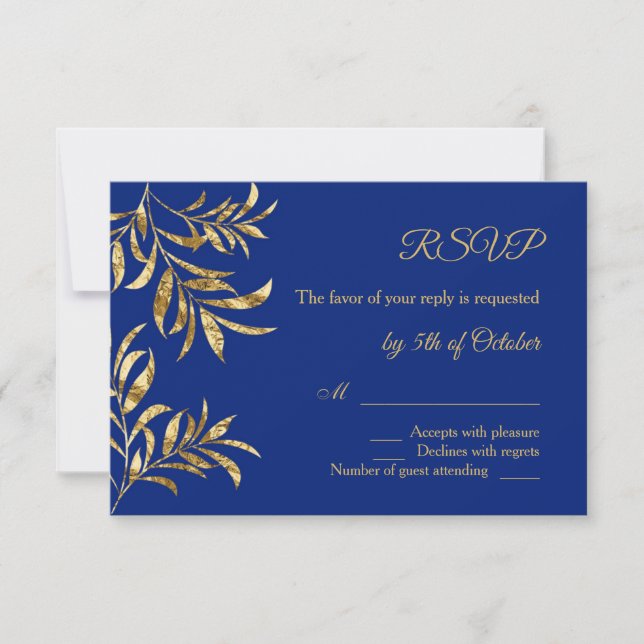 Feuilles en feuille d'or sur bleu Mariage RSVP (Devant)