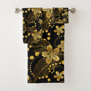 feuilles et fleurs en noir et or motif Sh