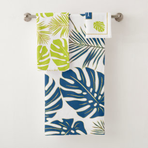 Feuilles et monogrammes tropicaux classiques bleu 