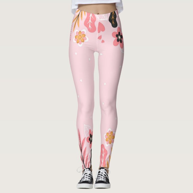 feuilles mignons et fleurs leggings rose (Devant)
