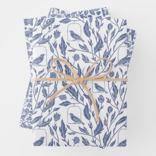 Feuilles papier d'emballage bleu et oiseaux