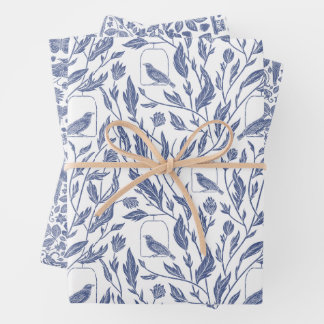 Feuilles papier d'emballage bleu et oiseaux