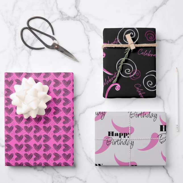 Feuilles papier d'emballage d'anniversaire roses e (Recto)