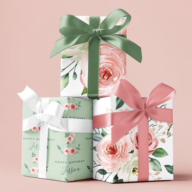 Feuilles papier d'enveloppement rose pour l'annive (Celebrate a special birthday with these watercolor pink rose personalized wrapping paper sheets! )