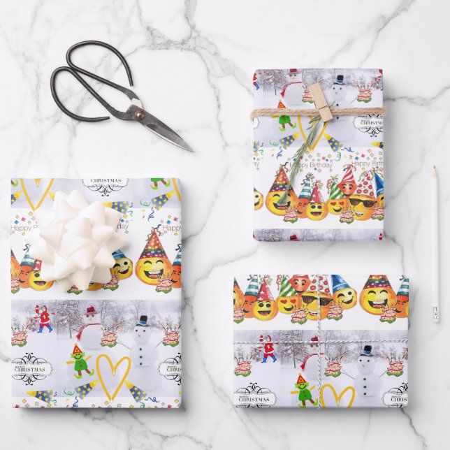 Feuilles papier enveloppant Joyeux Noël Anniversai (Recto)