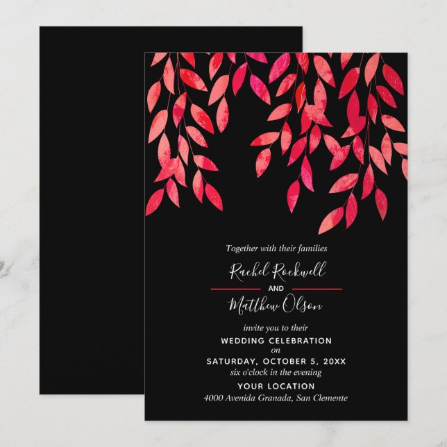 Feuilles roses chauds sur les invitations noires d (Devant / Derrière)