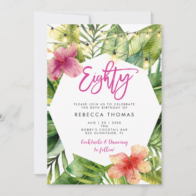 Feuilles tropicaux 80e anniversaire invitation (Devant)