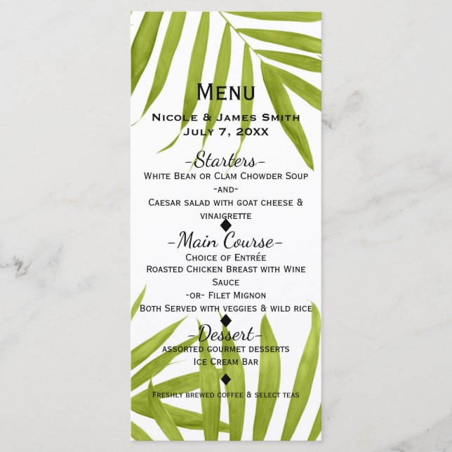 Feuilles tropicaux Été Élégant Menu Mariage (Devant)