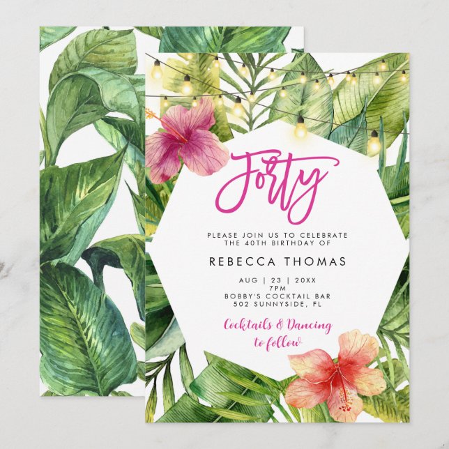 Feuilles tropicaux invitation de fête de quarante  (Devant / Derrière)