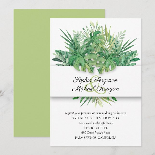 Feuilles tropicaux Invitations de mariage botaniqu (Devant / Derrière)