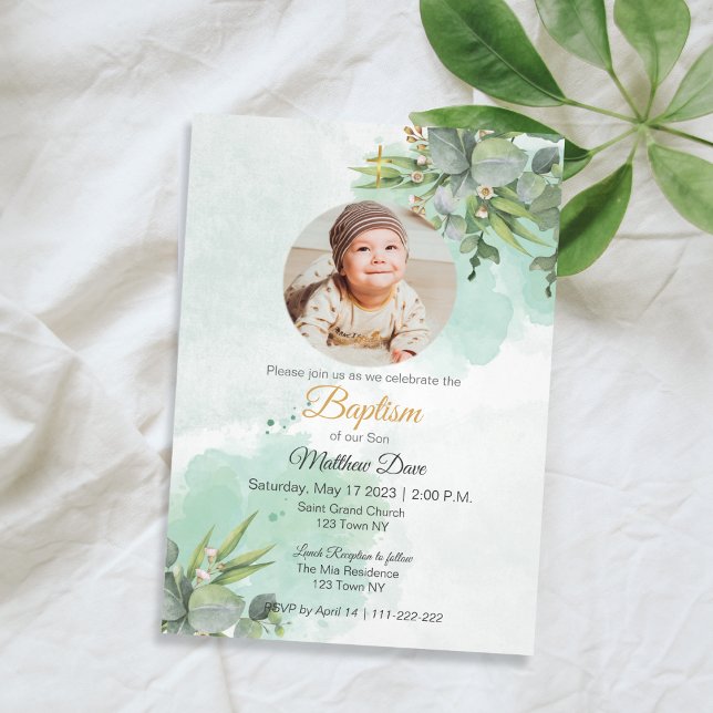 Feuilles verts naturels avec invitation photo Bapt (Natural Green Leaves with Photo Baptism Invitation)