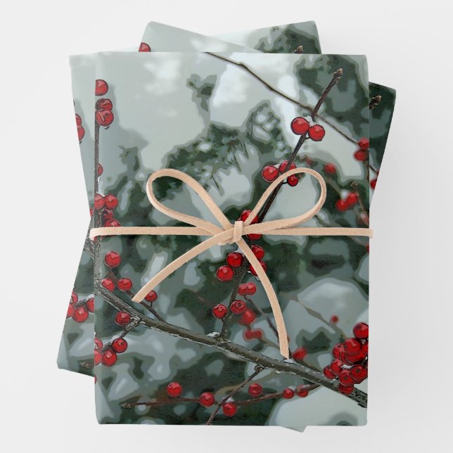 Feuillet papier d'enveloppement de Noël aux baies  (En situation)