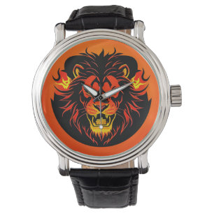 Feurige Löwenillustration umgeben von Flamboyant Armbanduhr