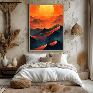 Feurige Sonnenuntergangsberge in monochromem Orang Poster