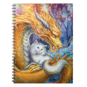 Feuriger chinesischer Drache und weiße Katze im ma Notizblock