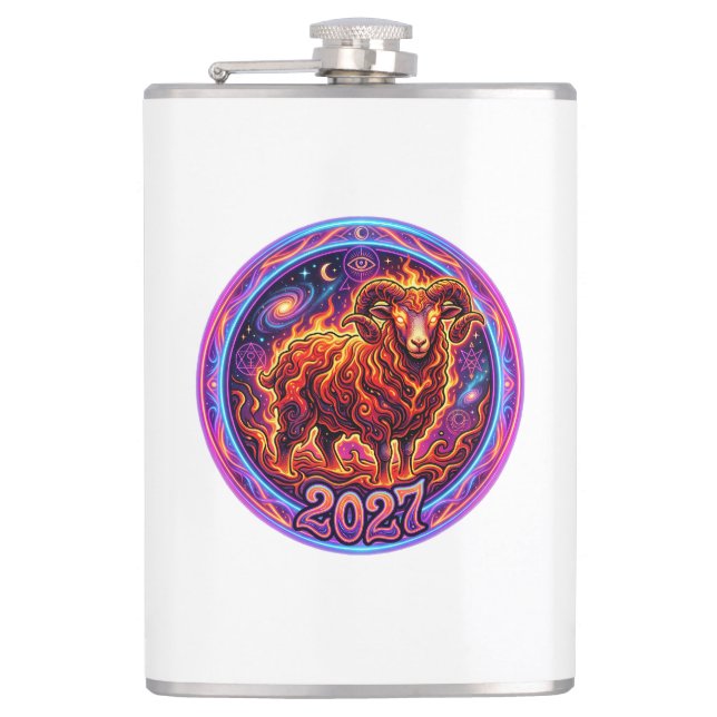 Feuriger Widder-Zodiak-Widder 2027 Flachmann (Vorderseite)