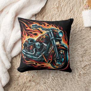 Feuriges Motorrad, das durch eine Flammennacht wüh Kissen