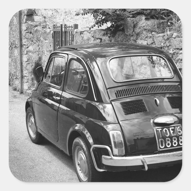 FIAT 500 Auto in schwarz-weiß Quadratischer Aufkleber (Vorderseite)
