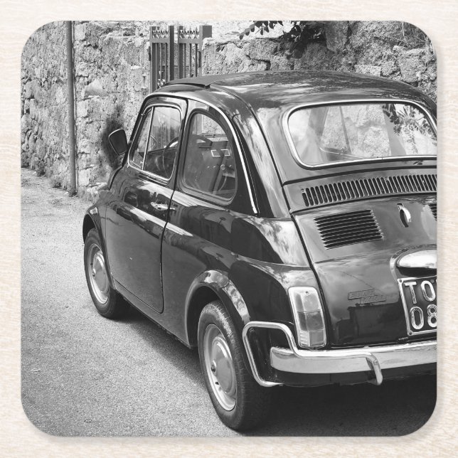 FIAT 500 Auto in Schwarz-Weiß Rechteckiger Pappuntersetzer (Vorderseite)