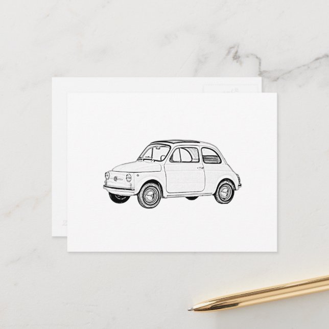 Fiat 500 Topolino Schwarz-Weiß Stift Zeichnend Postkarte (Vorderseite/Rückseite Beispiel)