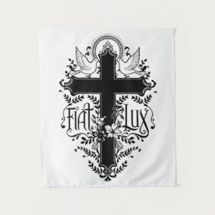 Fiat Lux - Verziertes Kreuz mit Tauben und Blumenm Wandteppich