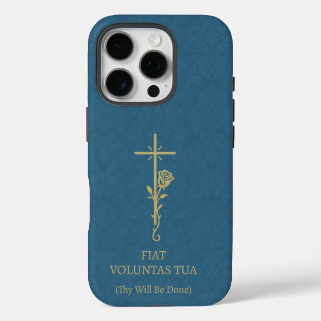Fiat Voluntas Tua Gold Cross Rose iPhone 16 Pro Hülle (Rückseite)