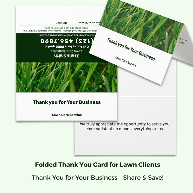 Fiche de référence Merci d'entretien de pelouse en (Lawn Care Thank You Referral Card Text-Only - Green & White; Folded size 3.5x2 Inch)