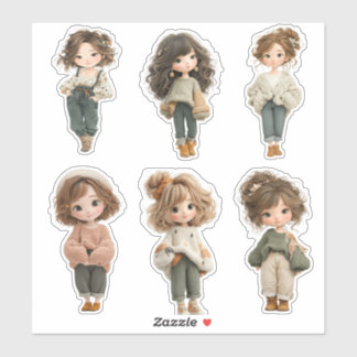 Fiche de stickers de fille chibi douce 6 personnag