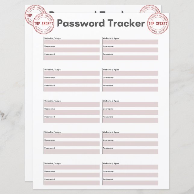 Fiche papier Top Secret Password Tracker (Devant / Derrière)