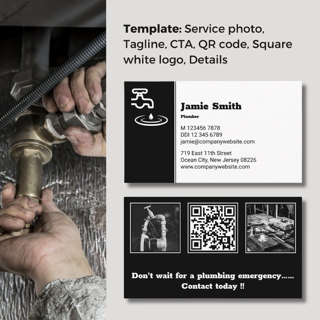 Fidélité Carte de visite professionnel noir et blanc (Professional Black & White Plumber Business Card, Photos, Logo, QR code, Slogan, CTA)