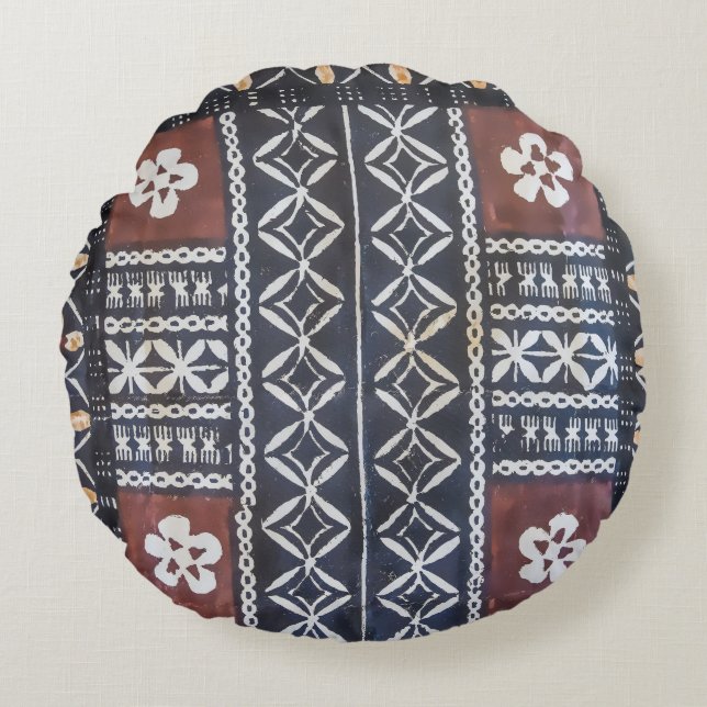 Fidschitapa-Stoff-Druck-rundes Kissen (Vorderseite)