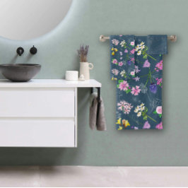 Field flowers, hand-painted in watercolour on blue badhandtuch set