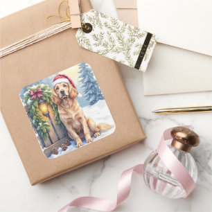 Field Spaniel Schneezäun Weihnachtsmannmütze Weihn Quadratischer Aufkleber