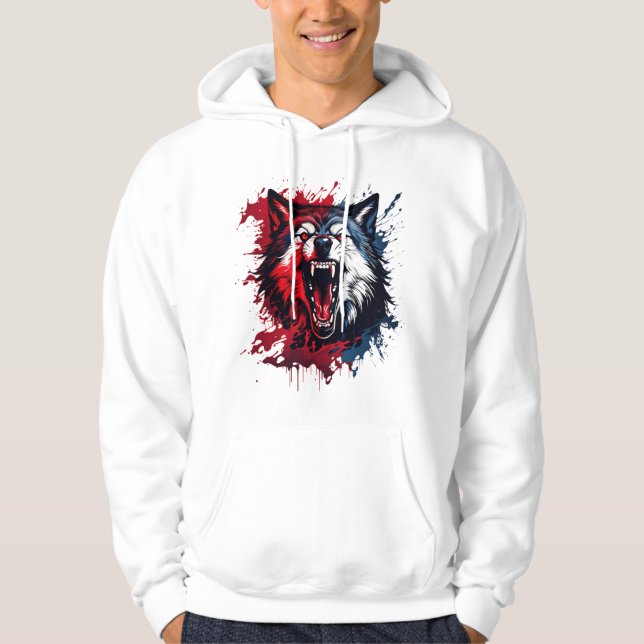 Fierce Alpha Wolf - Spritzer Rot & Blau Kunst | Wi Hoodie (Vorderseite)